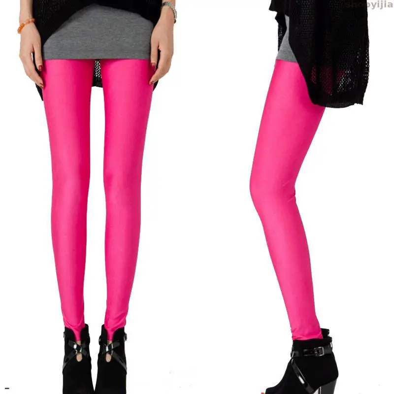 Женские леггинсы блестящие неоновые эластичные размер: черный белый розовый