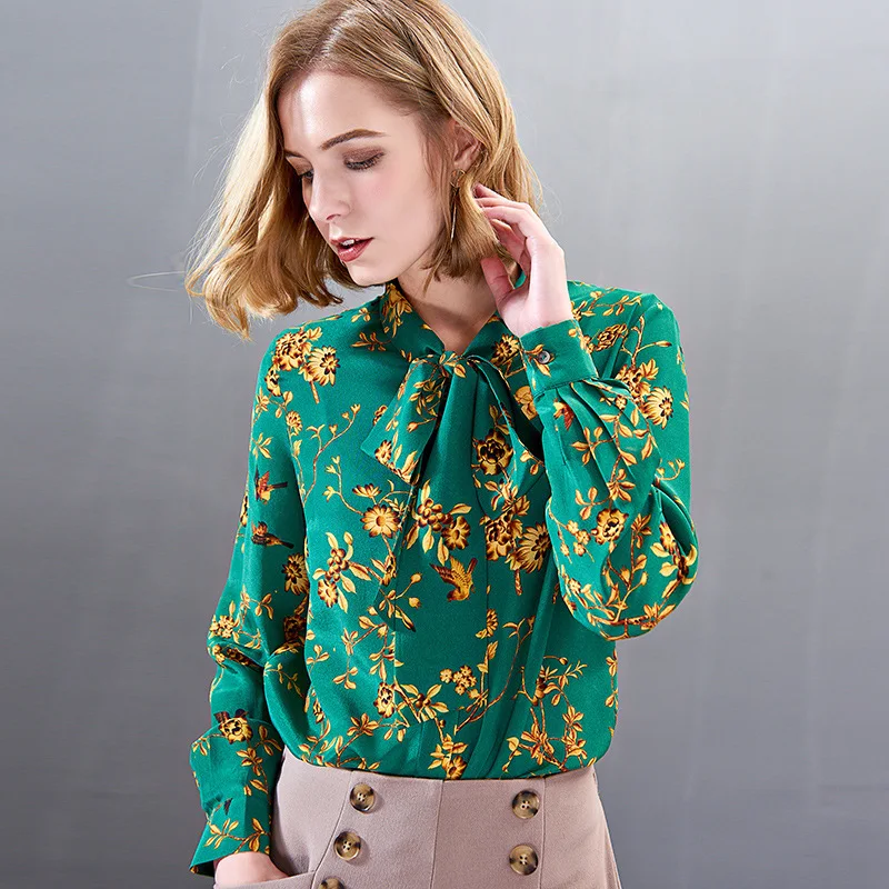 women tops and blouses green silk golden floral high quality OL 2020 summer office shirts long sleeve casual sexy plus size