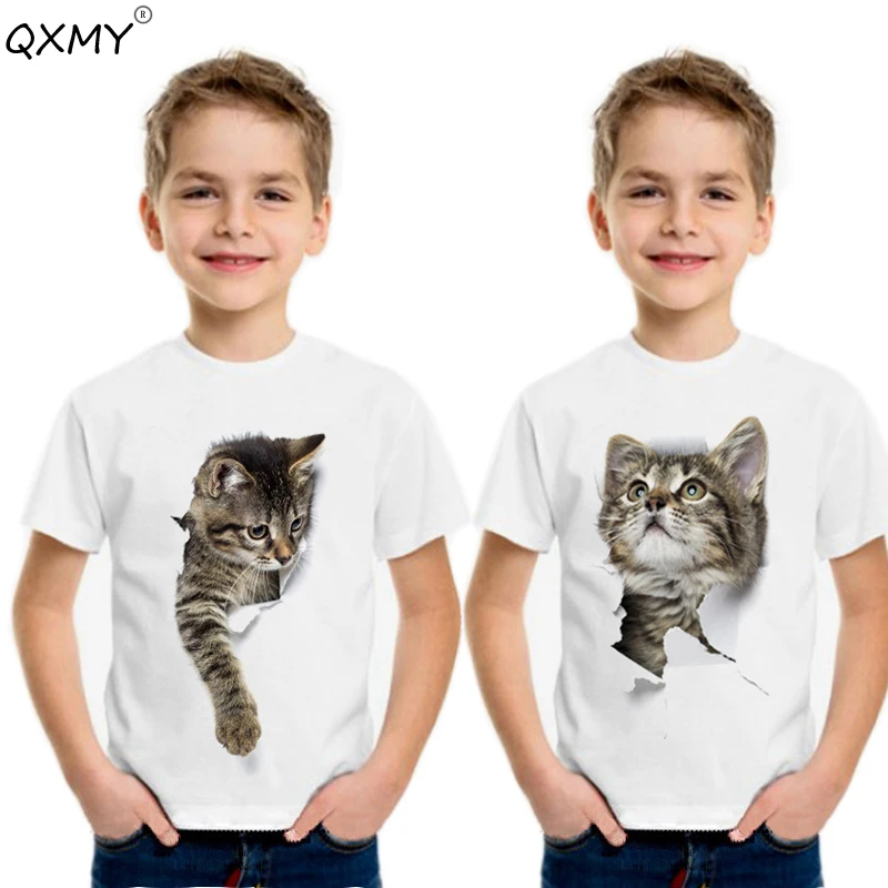 

Летняя футболка для маленьких мальчиков и девочек, футболки с коротким рукавом и 3D рисунком кошки для подростков, детские белые топы
