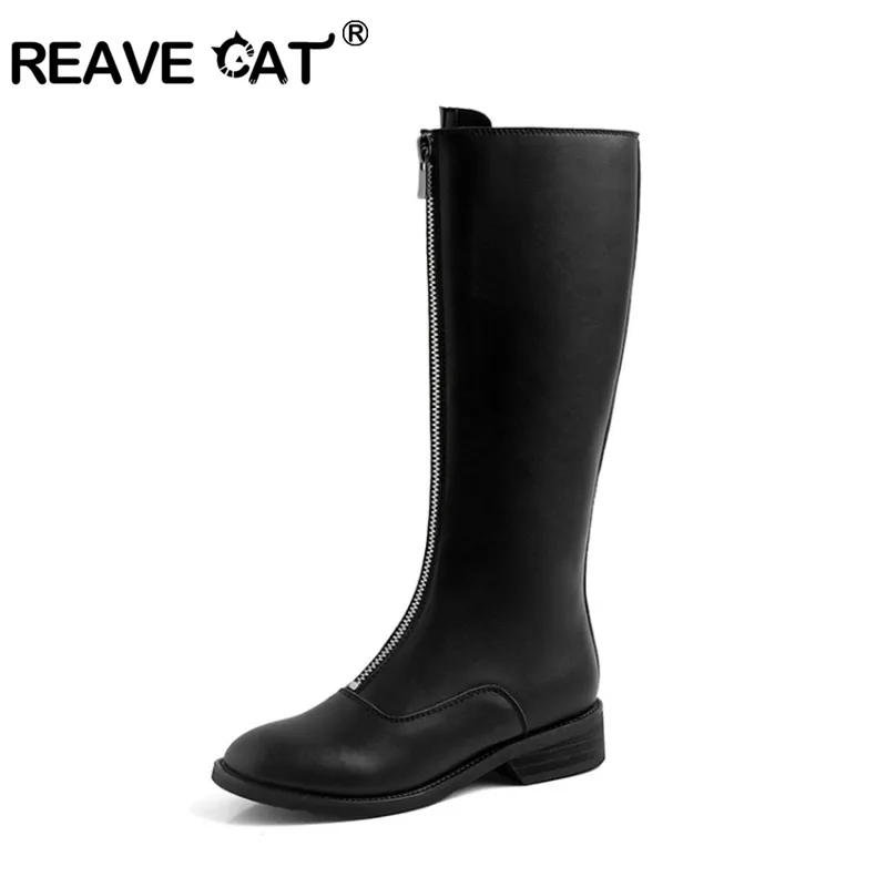 

REAVE CAT Black Genuine Leather flat heel Knee high boots for women Lady cow leather shoes Front zipper round toe botte femme