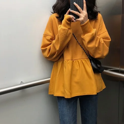 Xian 5553 huang Женская толстовка с капюшоном, толстовки, осень, harajuku, одноцветная, с оборками, с длинным рукавом, с круглым вырезом, пуловер, топы, повседневная, свободная, тонкая Толстовка - Цвет: Xian 5553 huang