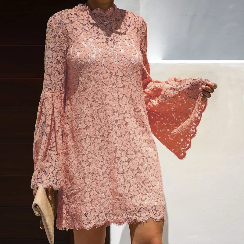 pink colour BGW кружевное коктейльное мини-платье трапециевидной формы с вырезами и длинными рукавами с высокой горловиной, Элегантное коктейльное платье Jurken Sukienka Koktajlowa - Цвет: pink colour
