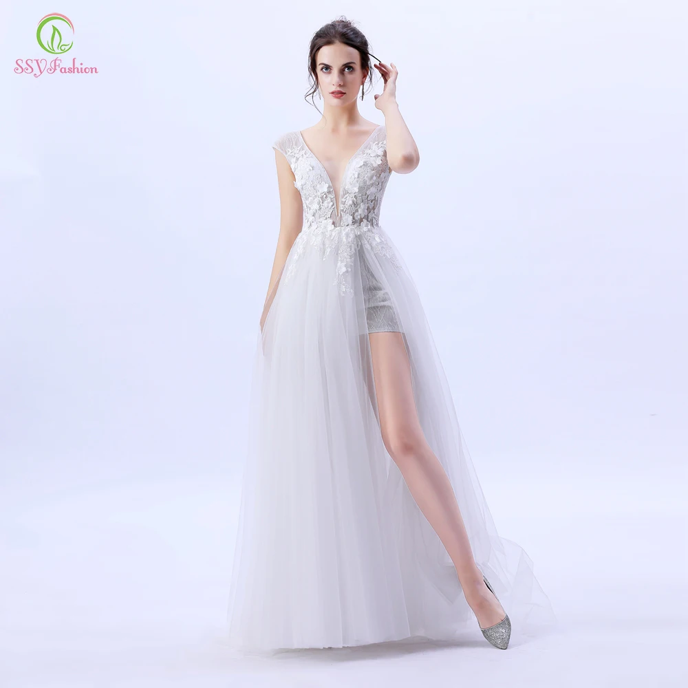 SSYFashion/новое вечернее платье, пикантное, белое, с v-образным вырезом, с Блестками, Бисером, кружевное, цветочное, с высоким разрезом, с открытой спиной, вечерние платья, Robe De Soiree