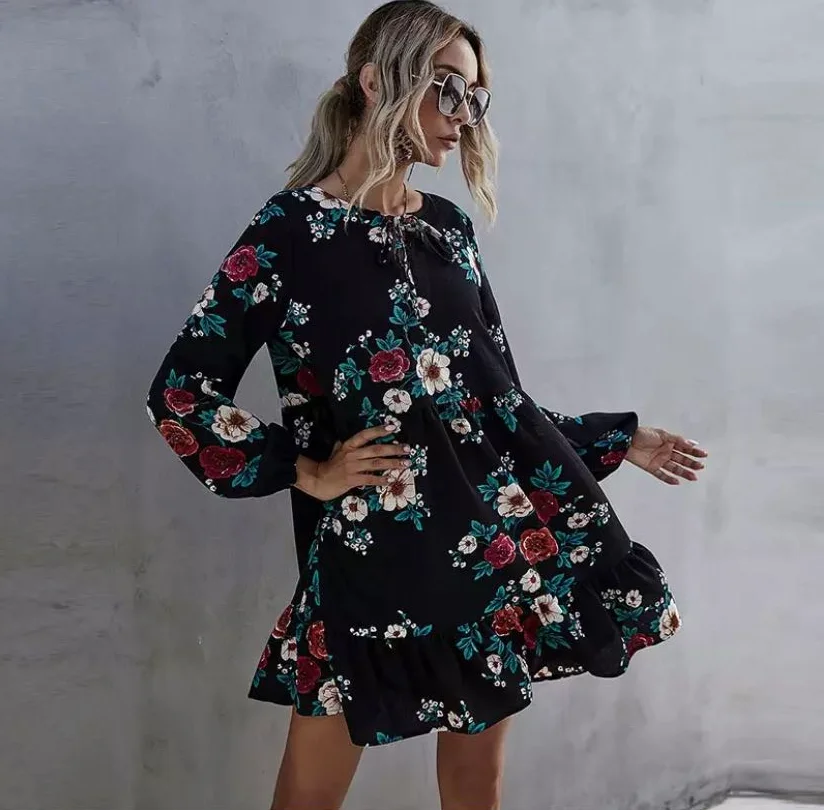 

2021 spring and autumn new small Floral Dress Chiffon Long Sleeve bow waist long sleeve pleated skirt fashion