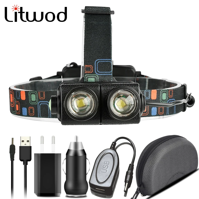Головной светильник 2 XM L T6 Zoom светодиодный налобный фонарь USB Перезаряжаемый 18650