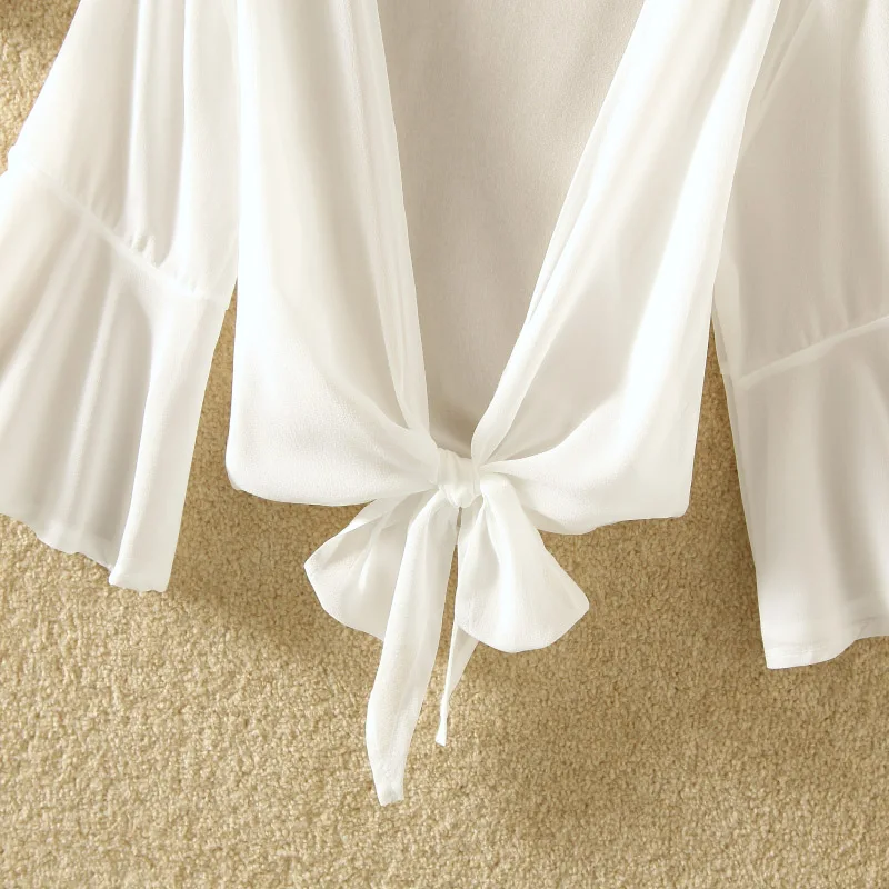 BOHOFREE летняя белая накидка кимоно галстук-бабочка расклешенный рукав шифоновая