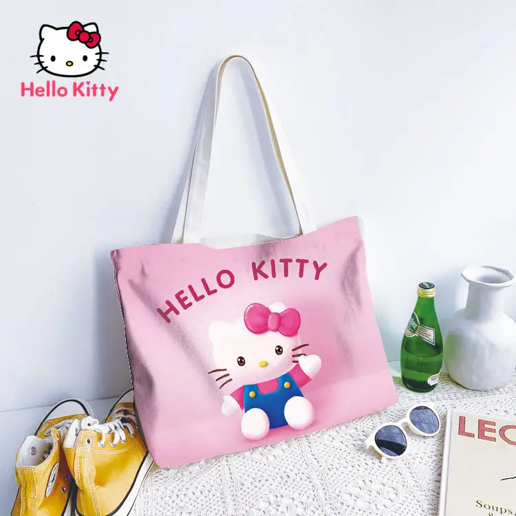

Hello Kitty Canvas Bag Cartoon Pink Large-capacity Shoulder Bag Girl Daily Necessities Cosmetic Storage Bag