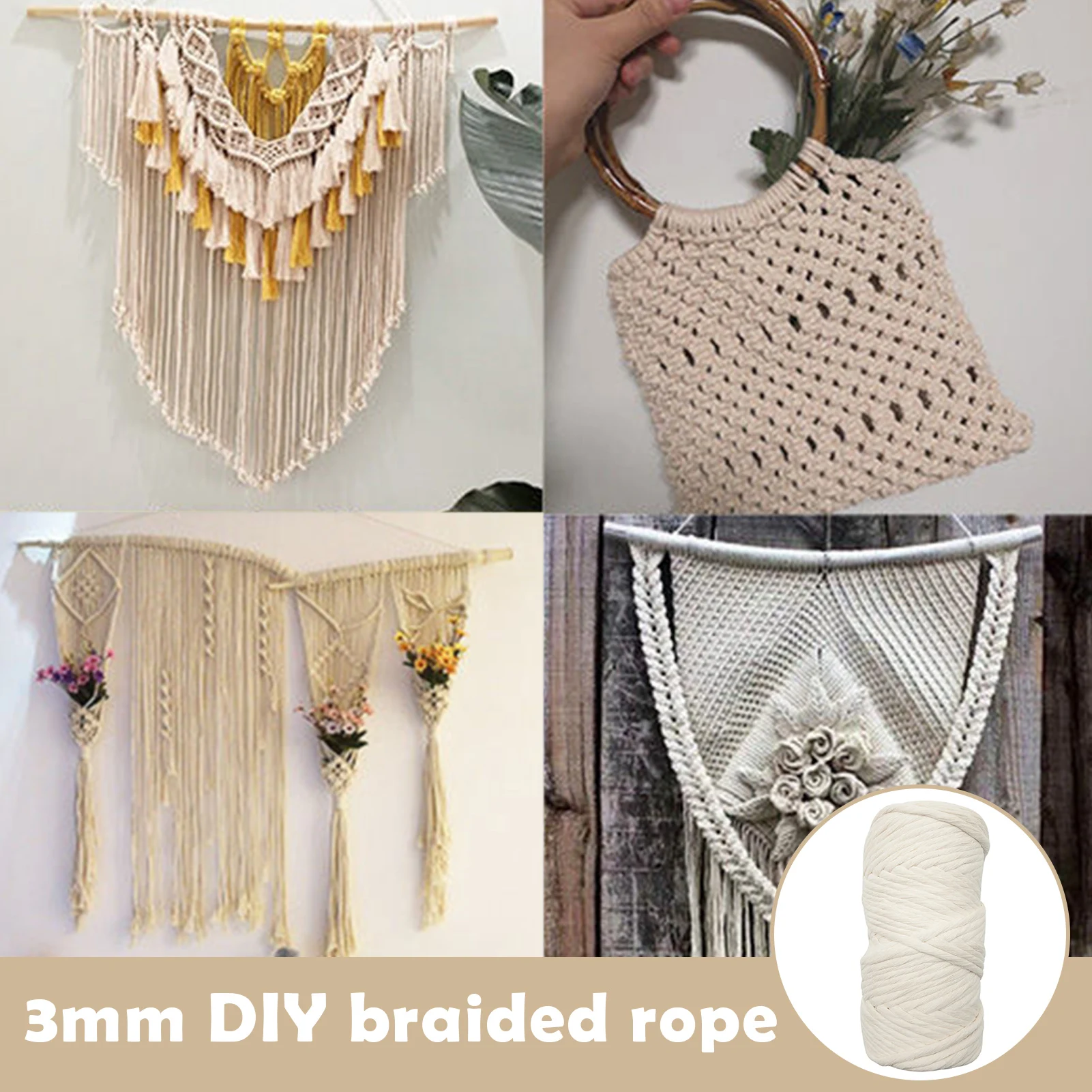 

Beige Macrame Cord Yarn Cotton Rope 3mm Single Strand Craft Accessories for DIY Projects 100m Long HK3