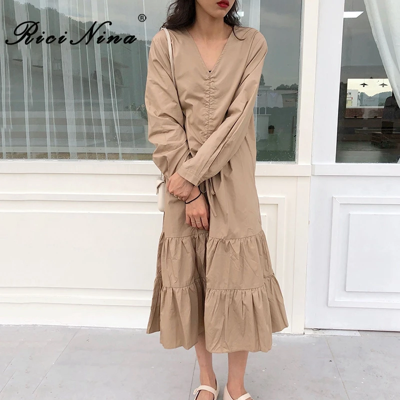 RICININA платье с длинным рукавом женское осеннее v образный вырез однотонное черное