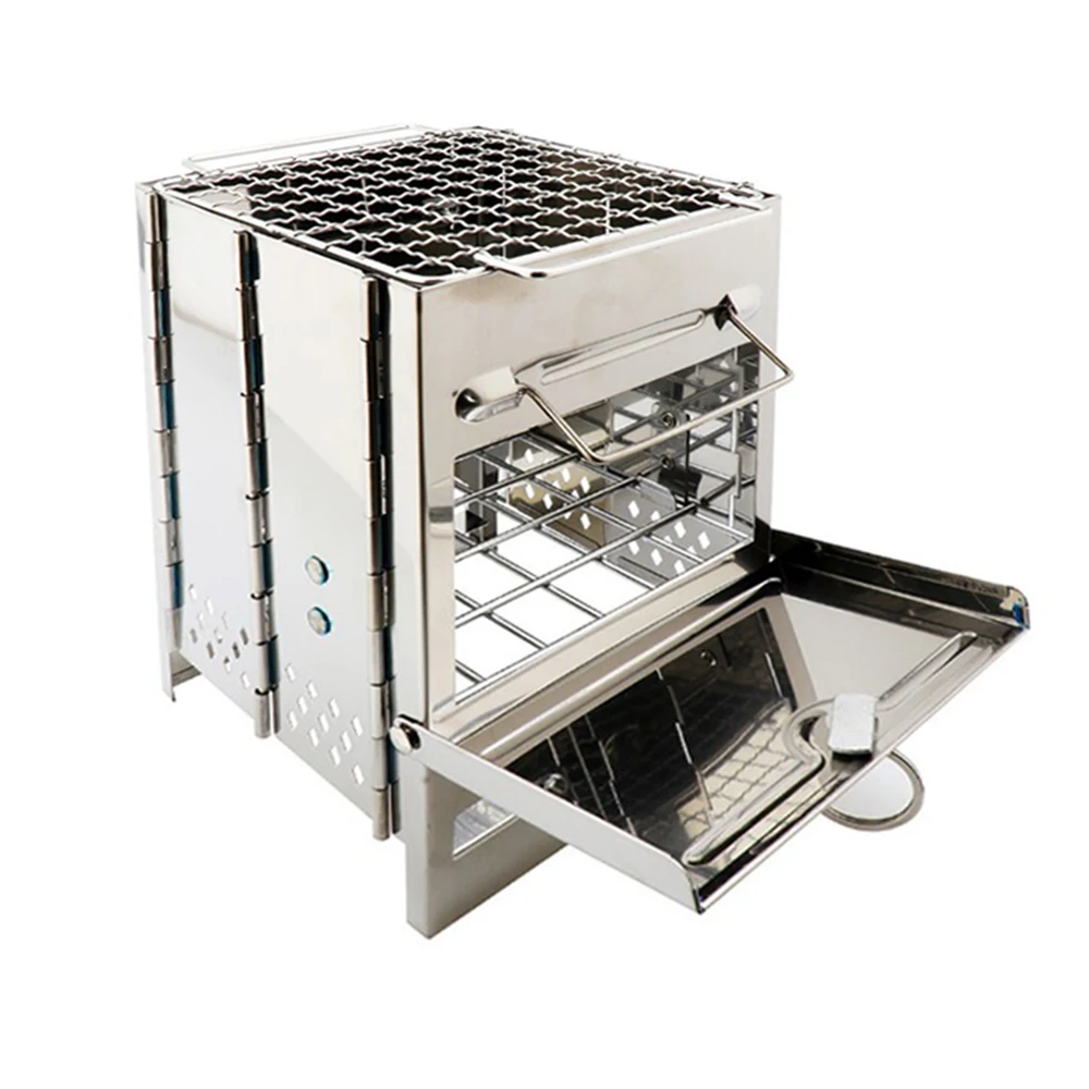 

Туристическая плита из нержавеющей стали, портативное складное деревянное оборудование для приготовления пищи, для пешего туризма, рыбалк...