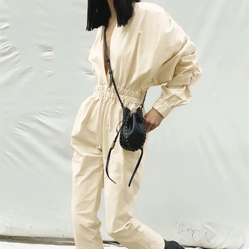

Temperament Solid Ruched Jumpsuit For Women V Neck Puff Long Sleeve High Waist Tunic Full Length Jumpsuits Females Style X176