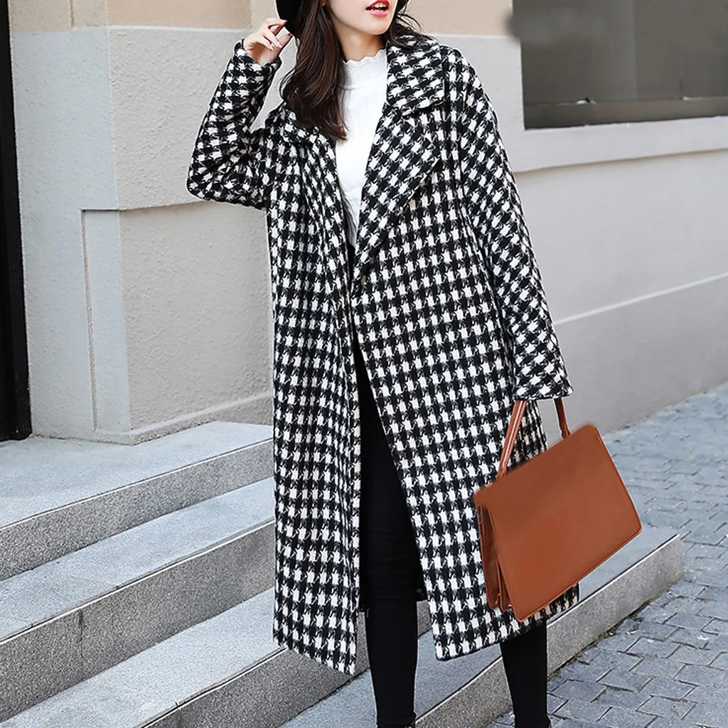 Женское шерстяное пальто KANCOOLD зимнее винтажное в клетку с длинным рукавом на