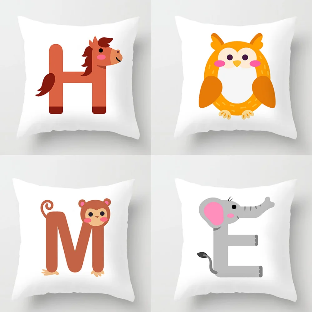 

Cute Animal English Alphabet Cushion Cover White Pillow Case Children Gift Pillowcase Home Garden Sofa Party Decor Funda Cojin