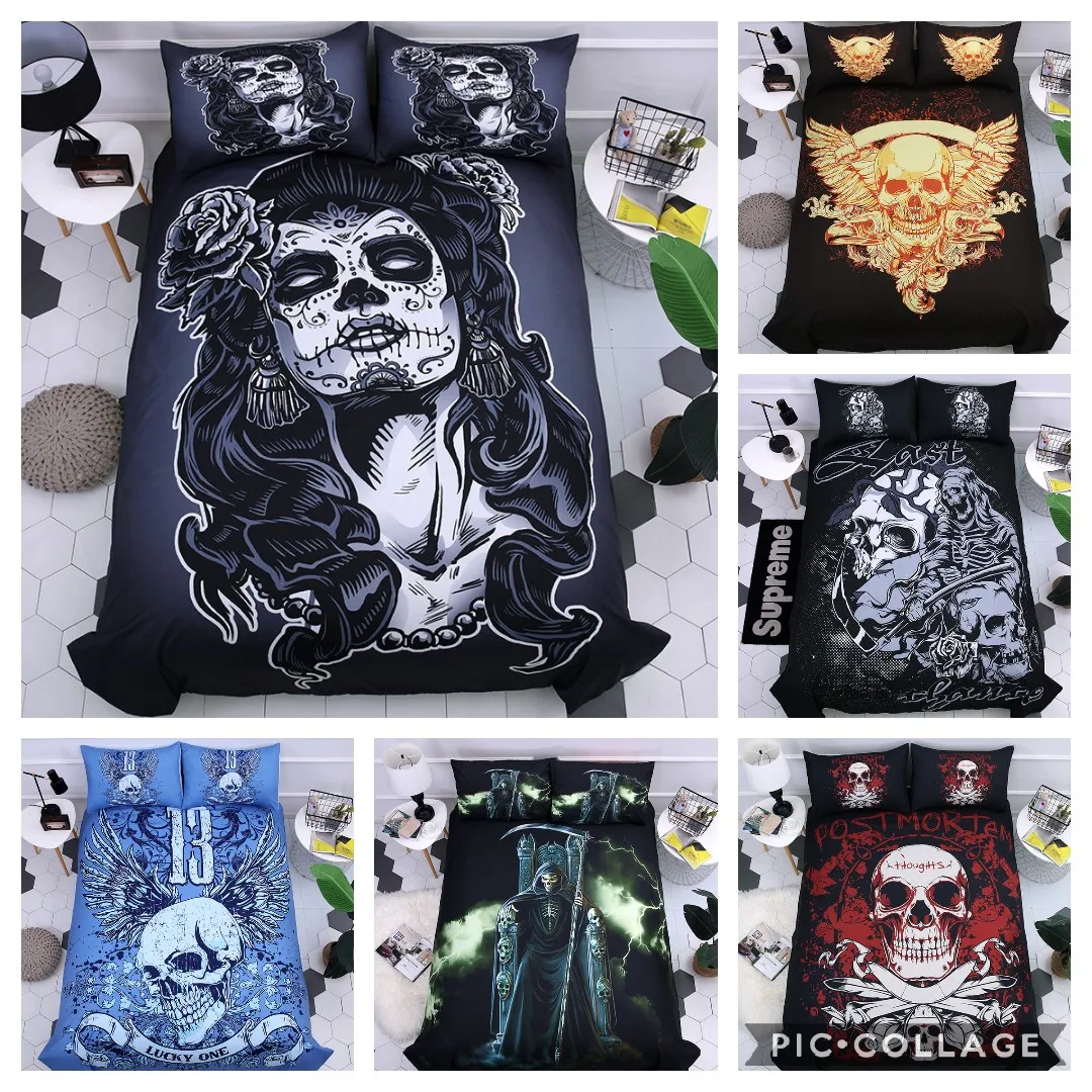 

Hot style 3D digital skull printing Polyester bedding set 1 duvet cover + 1/2 pillowcases bed in a bag (no sheet).