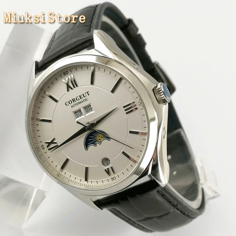 Corgeut Роскошные мужские часы 41 мм серебристый чехол белый циферблат кожаный