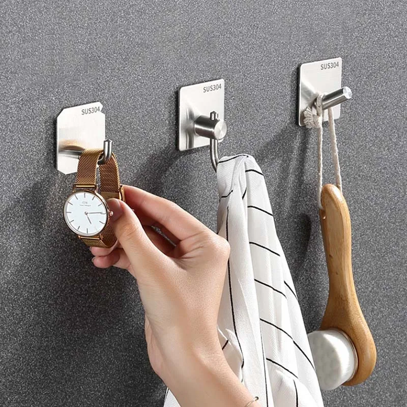 

304 Bathroom Robe Coat Hook Towel Sundries Wall Hooks Self Adhesive Stainless Steel Drying Hanger Room Clothing Storage Hanging