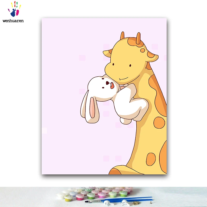 DIY окраска по номерам с рисунком жирафа и белый кролик удержания вместе картины