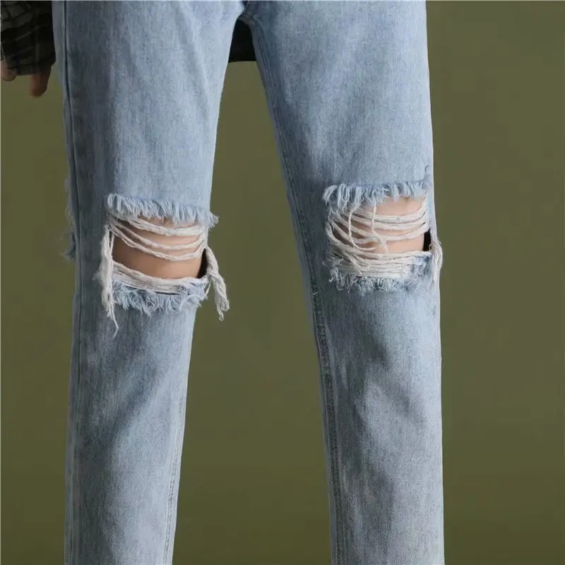 

Summer Autumn Women's Pants Nine-Point Straight Oversized Trendy Street Ripped Denim Cotton Style Jeans