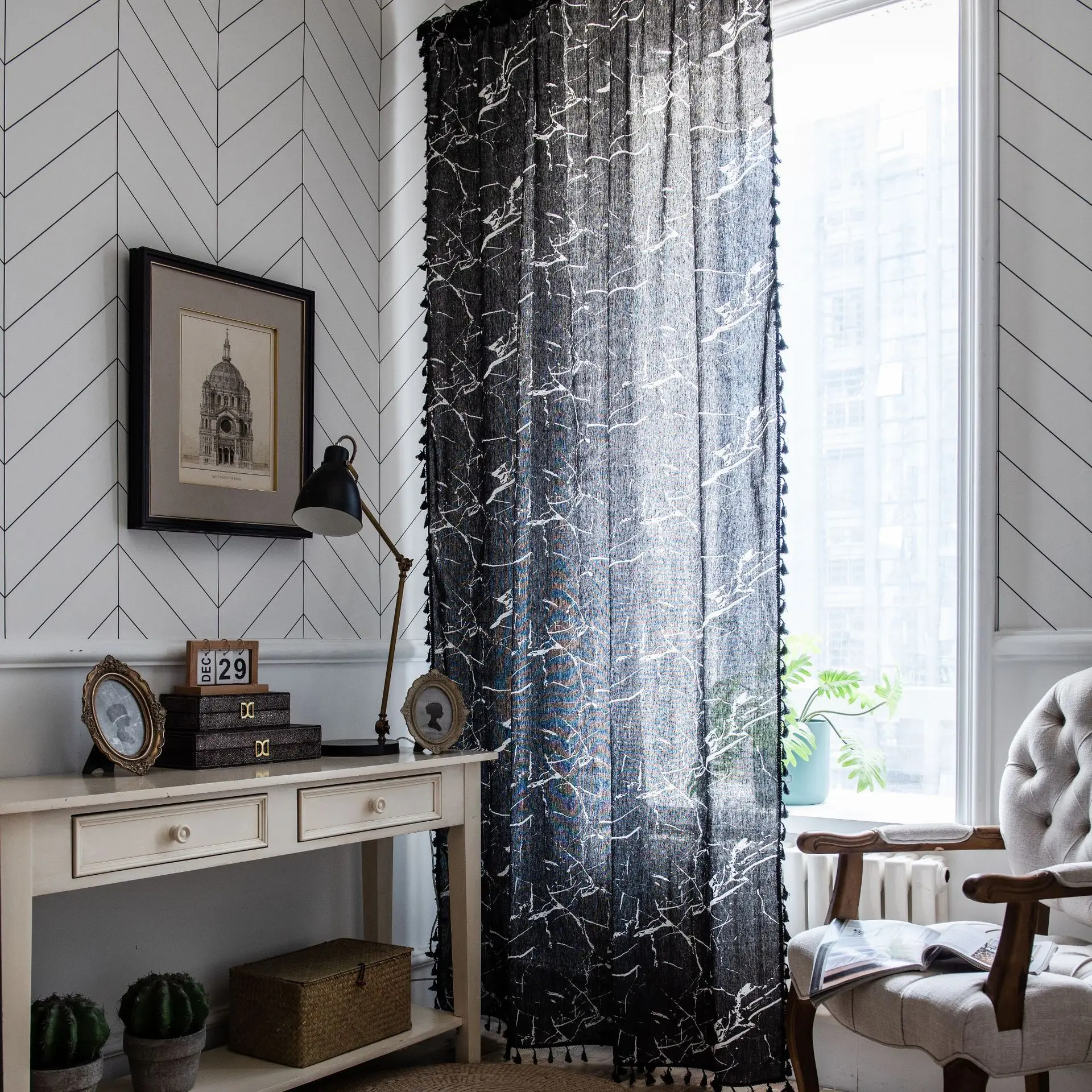 

Yaapeet 1pc Black Semi-shading Window Drapes for Living Room Marbling Window Curtain Cotton Linen Tassel Curtains Home Decor