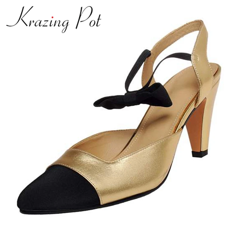 

Krazing pot genuine leather pointed toe high heel tapered heel mixed colors butterfly-knot basic slip on sandals women shoes L50