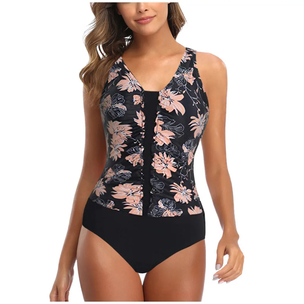 Холтер жилет на молнии размера плюс принт танкини Swimjupmsuit средняя талия боты