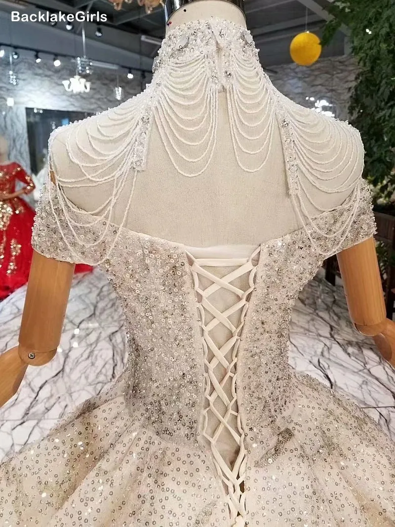 Vintage Wedding Dresses Capped Sleeves High Neck Beading Tassel Bride Dress With Long Train Vestido Casamento Civil | Свадьбы и