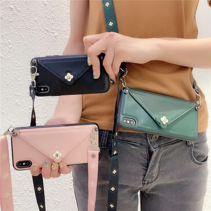 

Retro flower Phone case Credit Wallet bag Crossbody Lanyards For iPhone XS 11 12 PRO MAX 66S 7 8 Plus XR X SE Card slot cover