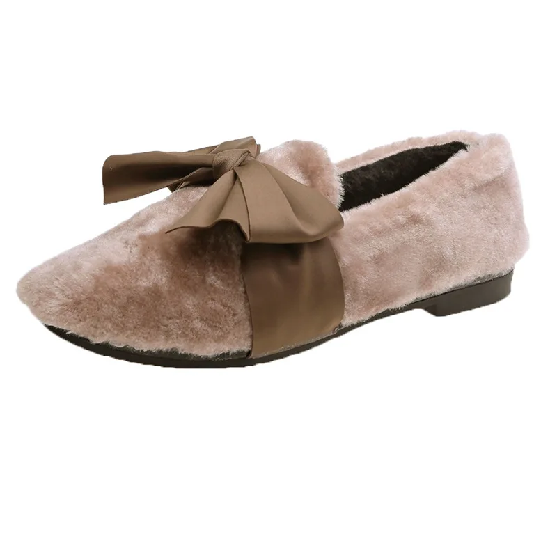 Женская зимняя повседневная обувь на плоской подошве с простым теплым бантом