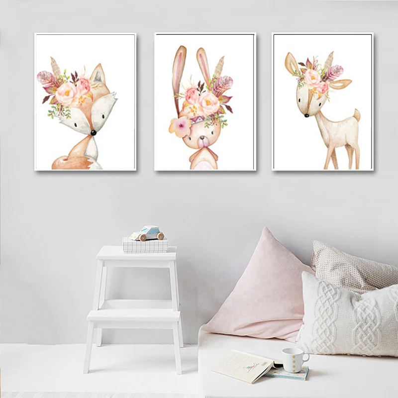 Baby Girl Gift Nursery Decoration Woodland Animals Posters Print Watercolor Flowers Animal Canvas Painting Wall Pictures | Дом и сад