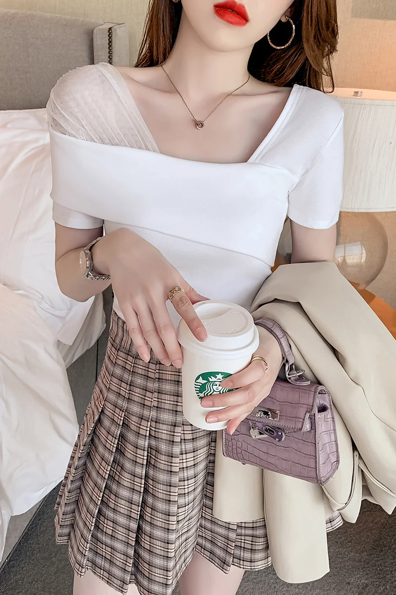 

Women's short sleeve short sleeve T-shirt, slim fit, waist, shoulder lock, tights, fashion, summer, 2021