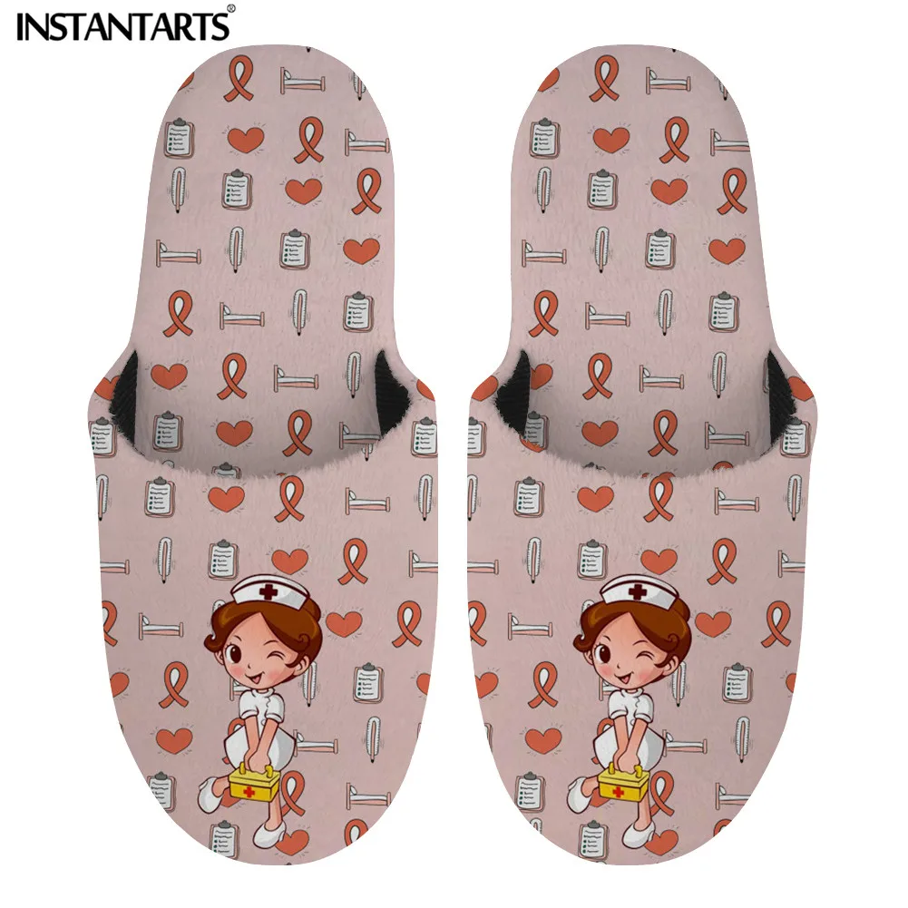 

INSTANTARTS Cartoon Medical Nurse Print Pink Women's Cozy Furry Slippers Winter Soft Lightweight House Shoes Chaussure Femme