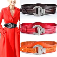 vintage imitation silver buckle braided genuine leather ladies belt with extra wide elasticity down jacket skirt adornment belt