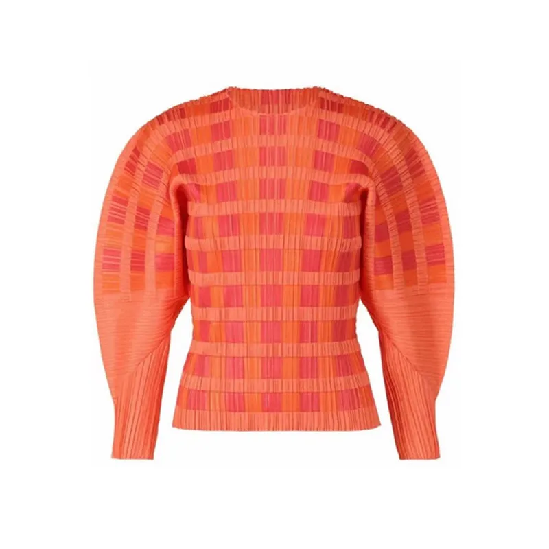 Женская плиссированная блузка Miyake, весенний пуловер в клетку с круглым вырезом и рукавами три четверти, облегающий топ с рукавом летучая мышь для женщин, 2022