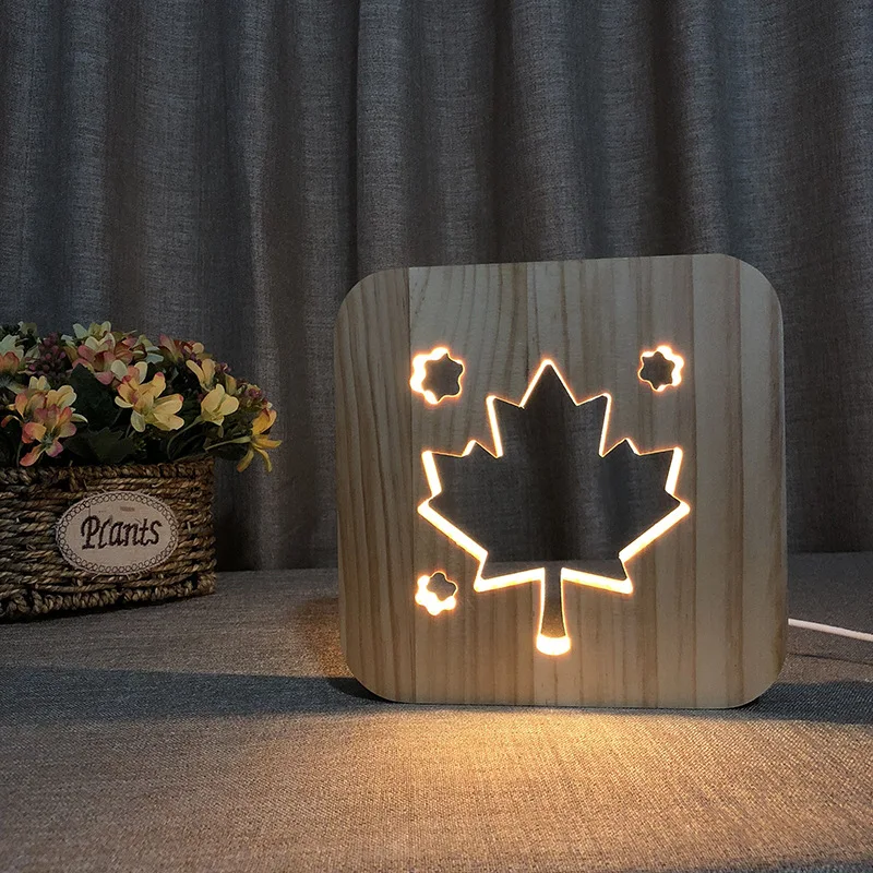 Maple Leaf Ambience Light Creative Bedroom Bedside Lamp Solid Wood Carved 3D Night Lamp Bedroom Lamp Home Deco