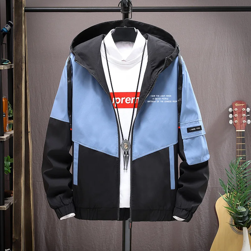 Men 's New Fashion Hooded Stitching Jacket Sports Casual Streetwear Men 's Harajuku Windbreaker Coat Jacket Patchwork