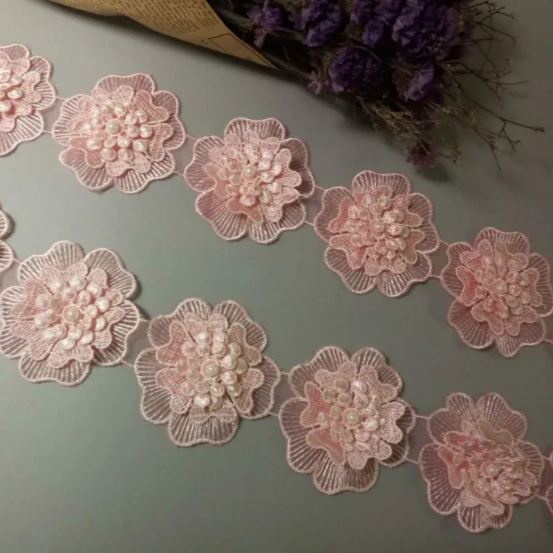 12X винтажная розовая полиэстеровая жемчужная цветочная вышитая кружевная бейка