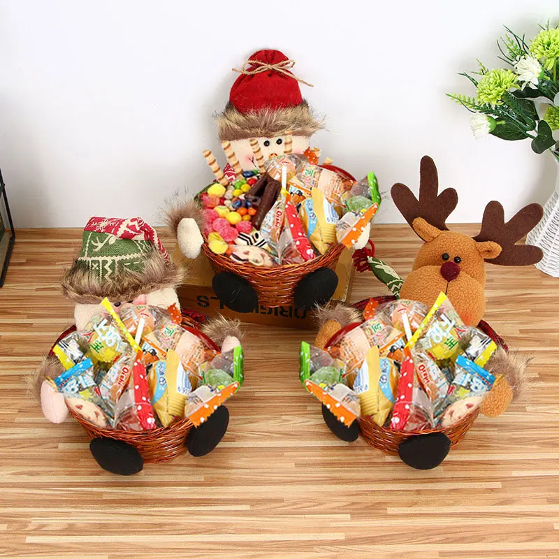 

2022 Merry Christmas Candy Wicker Basket Christmas Decor Elk Snowman Santa Claus New Year Fruit Basket Food Rack Home Decoration
