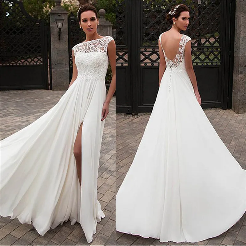 

Scoop Neck Lace Top Chiffon Skirt Long Wedding Dresses Split Side 2021 Long Women Bridal Gowns Custom Simple Beach