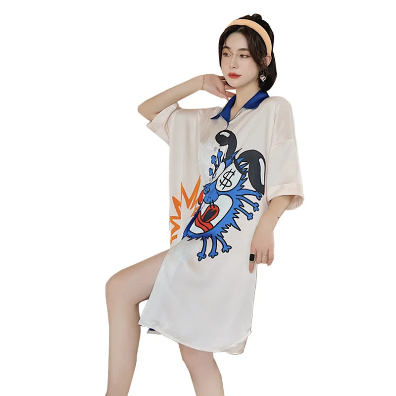

Satin Short Nightgown Women White Sleepshirt Casual Summer New Sleepwear Short Sleeve Print Nightdress Intimate Lingerie