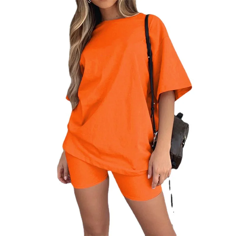 

Casual Solid 2 Piece Outfit Short Sleeve O-Neck Crop Top+Biker Shorts Matching Set Fitness Comfortable Sporty Streetwear