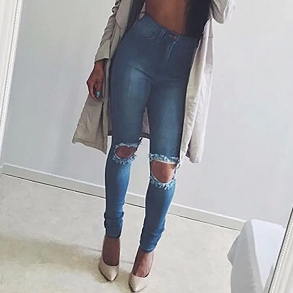 Женские джинсы с карманами и дырками размера плюс Сексуальные облегающие брюки