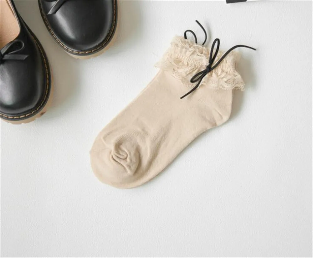 khaki Милые кружевные короткие носки в стиле Лолиты с бантом для японских девушек; Разноцветные хлопковые носки; B411 - Цвет: khaki