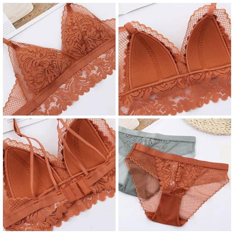 

Bra & Brief Sets Sexy Lace Thin Cotton Lined Triangle Cup Wireless Bra and Panties Set Underwear Small Breasts Women Lingerie