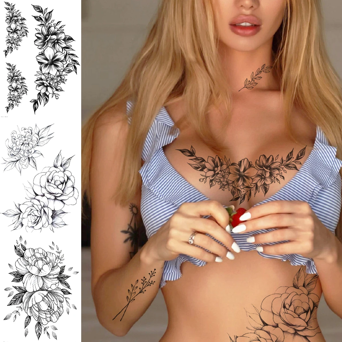 

Flower Tattoo Temporary Women' Rose Peony Pattern Girls Waterproof Transfer Black Blossom Lady Chest Neck Body Art Arm Stickers