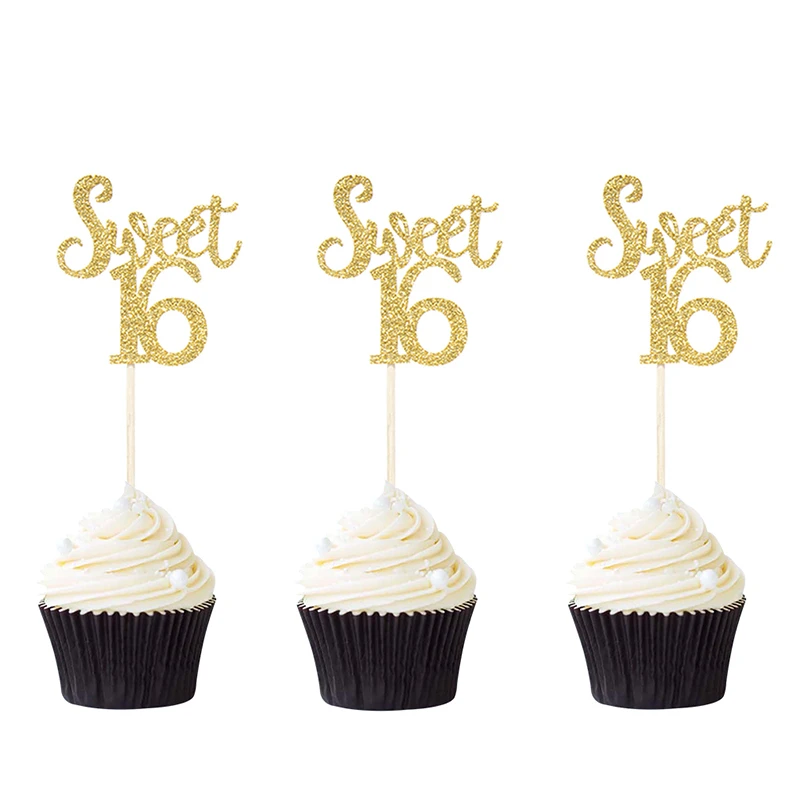 gold sweet 16 12 шт. 33 стиля Торт Топперы Танцы для свадьбы или «нулевого дня рождения» День рождения Юбилей золотой черный украшения для кексов выпечки украшения - Цвет: gold sweet 16