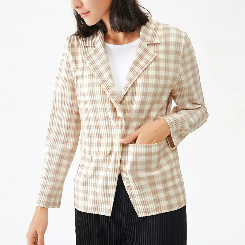 

Женская плиссированная куртка в клетку, с отложным воротником и длинным рукавом, 45-75 кг