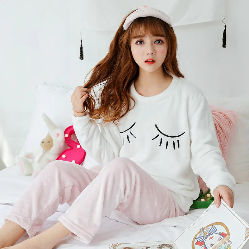 

Autumn Winter Warm Flannel Women Pajamas Sets Thick Coral Velvet Long Sleeve Cartoon Sleepwear Thin Flannel Pajamas Set for Girl