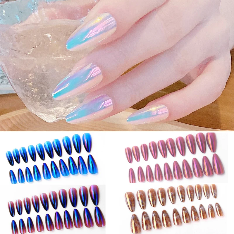

Reflective Aurora Symphony Fake Tips Nails Sticker Easy for Daily Wear New Mirror Manicure Tool False Nails 24PCs/Set