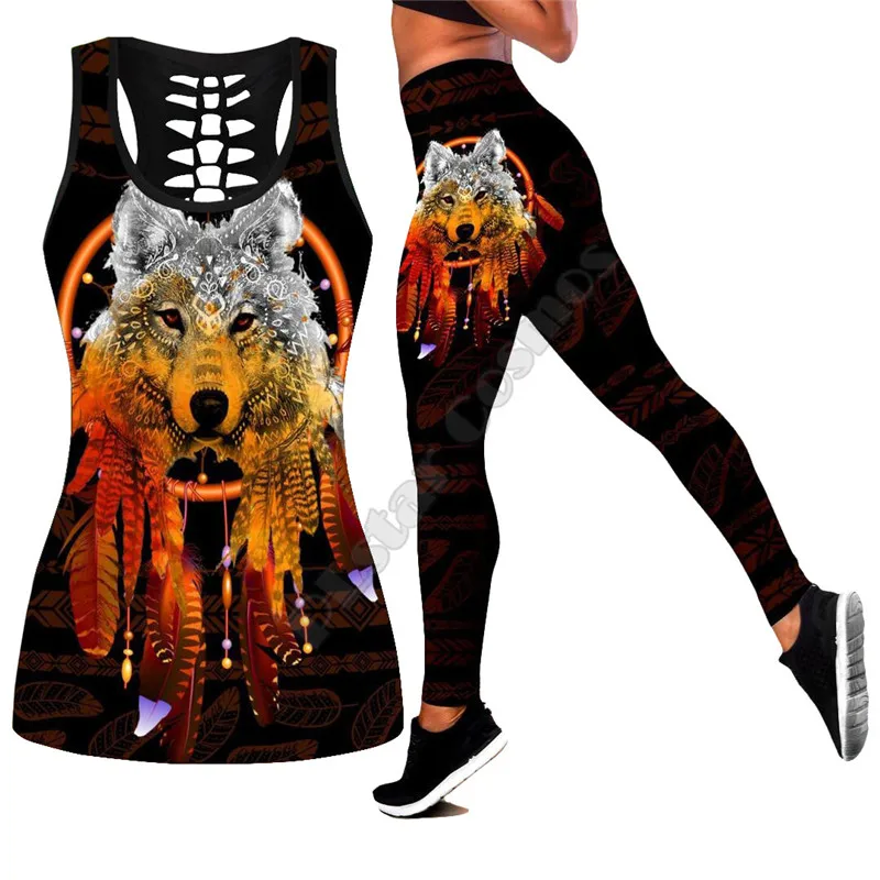 

Wolf Native Legging hollow tank Combo 3D Printed Tank top Suit sexy Yoga Fitness Soft Legging Summer Women For Girl 09