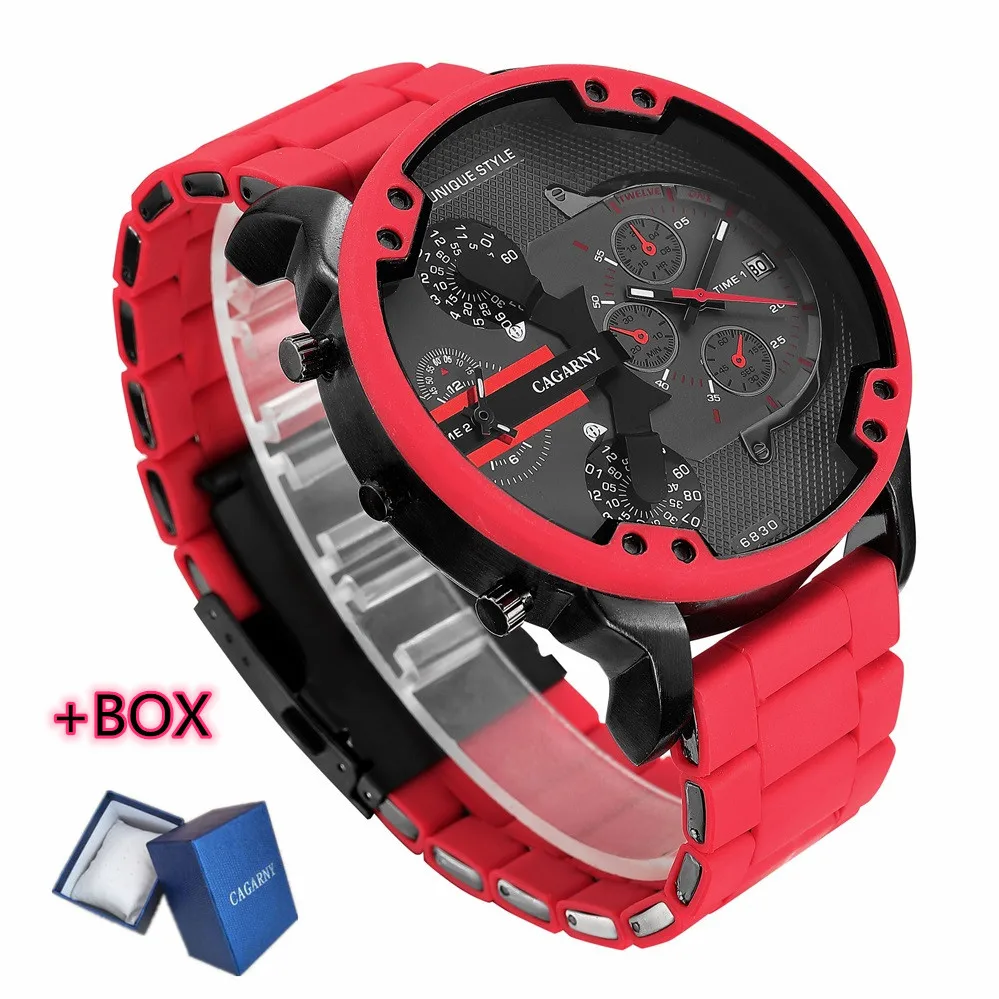 

Роскошные модные мужские кварцевые часы CAGARNY с отображением даты и несколькими часовыми поясами, военные спортивные классические красные ч...